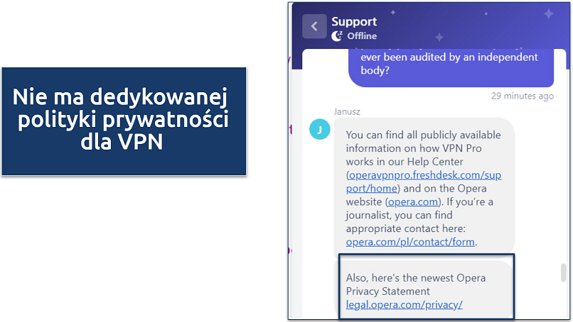 Screenshot of a chat response from Opera VPN Pro support 