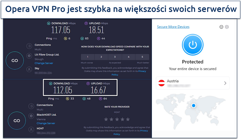 Screenshot of a speed test showing rates not connected to the VPN vs connected to a server nearby in Austria 