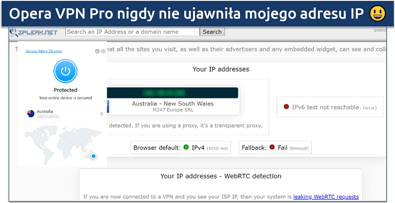 Screenshot of tests done on ipleak.net while connected to an Australia Opera VPN Pro server