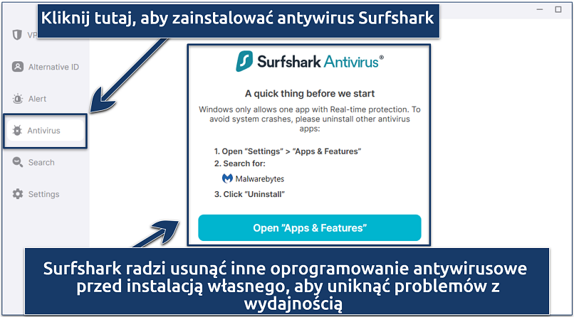 A screenshot showing the initial button to click to begin the Surfshark Antivirus installation process, along with the necessary prerequisites