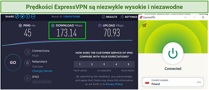 A screenshot of speed test results using ExpressVPN's server in Poland