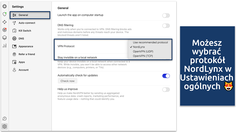 Screenshot of the NordVPN General Settings