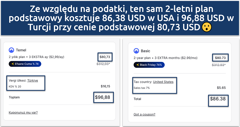 Screenshot of the NordVPN tax comparison in Turkey and the US