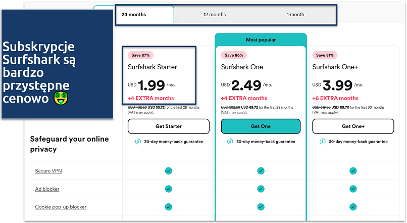 Screenshot of Surfshark's pricing page