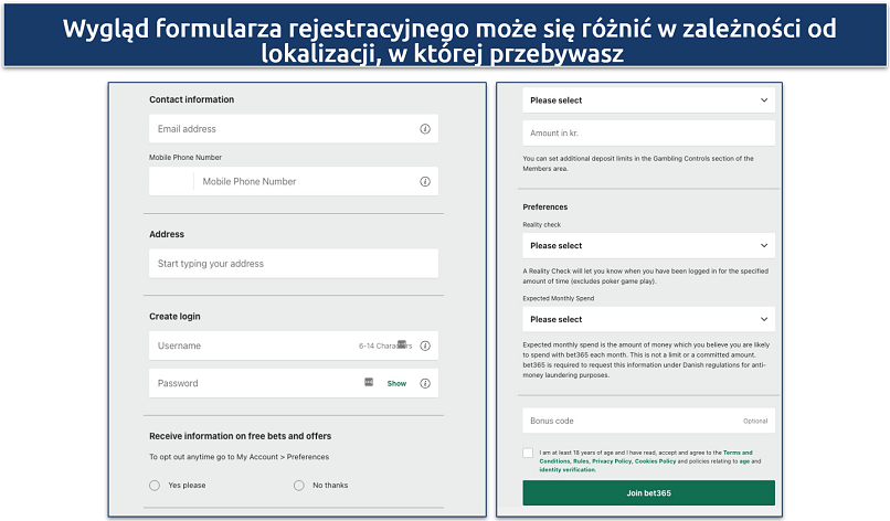 Screenshot of the bet365 registration form