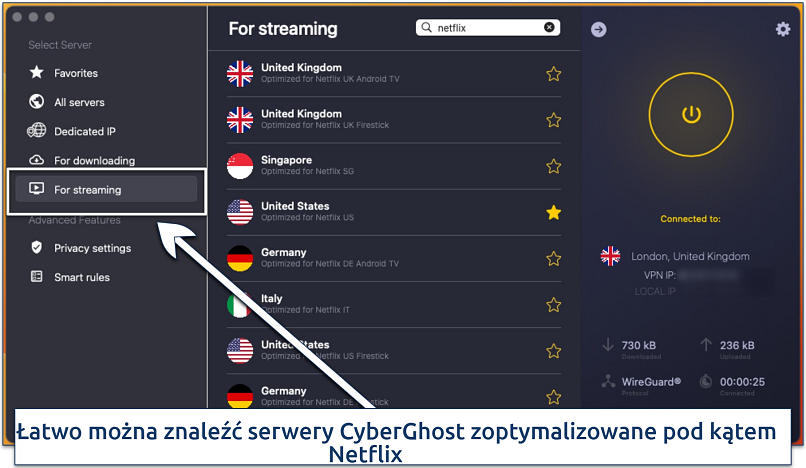 Screenshot of CyberGhost's list of servers optimized for streaming Netflix