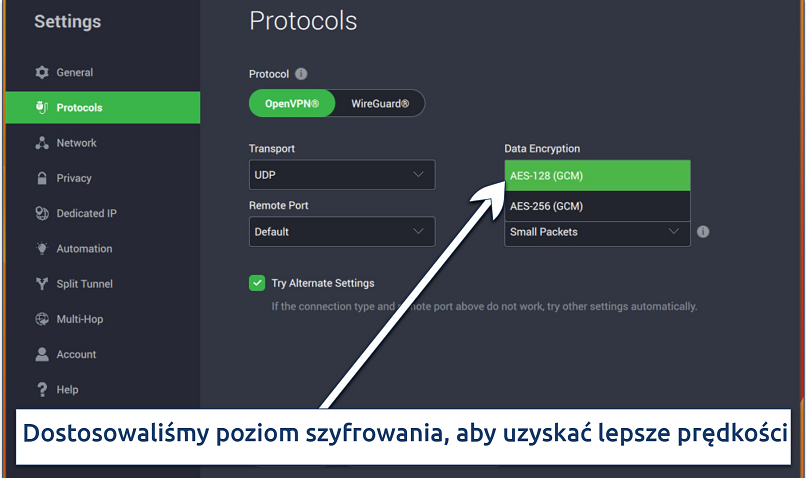 Zrzut ekranu ustawień protokołów w aplikacji PIA