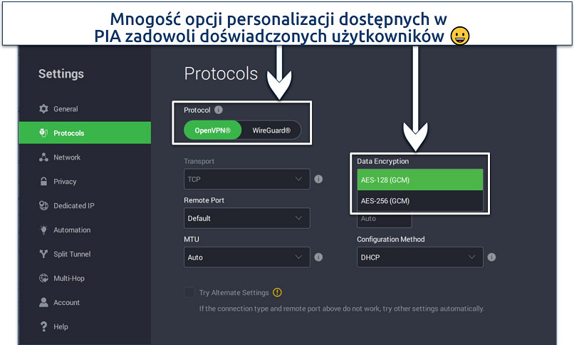 Screenshot showing how to customize your VPN connection with PIA