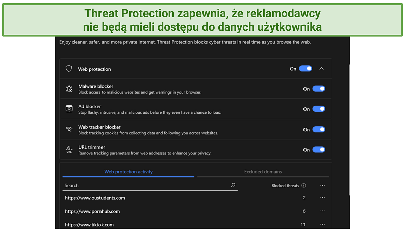 A screenshot of NordVPN's Threat Protection showing its customizable features