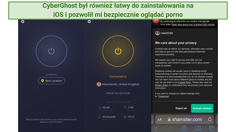 A screenshot showing the CyberGhost iOS app connecting to a server in the UK for watching porn safely on xHamster