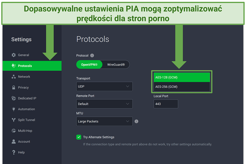 A screenshot showing how to switch encryption levels in the settings panel on the PIA app