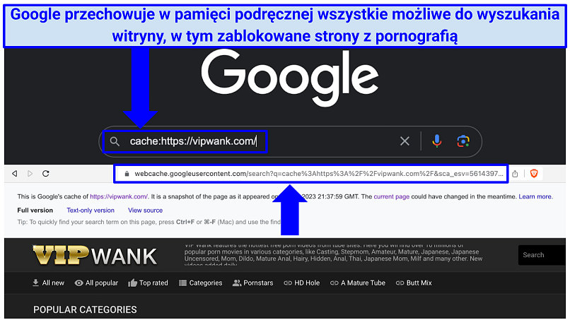 A screenshot showing how to use Google's Search Engine Cache to access blocked porn sites