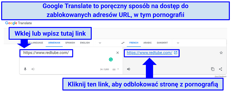 A screenshot showing you can use Google Translate to unblock porn websites