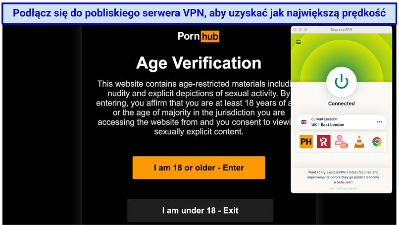 A screenshot showing the ExpressVPN app connected to a server in the UK over the PornHub age verification page