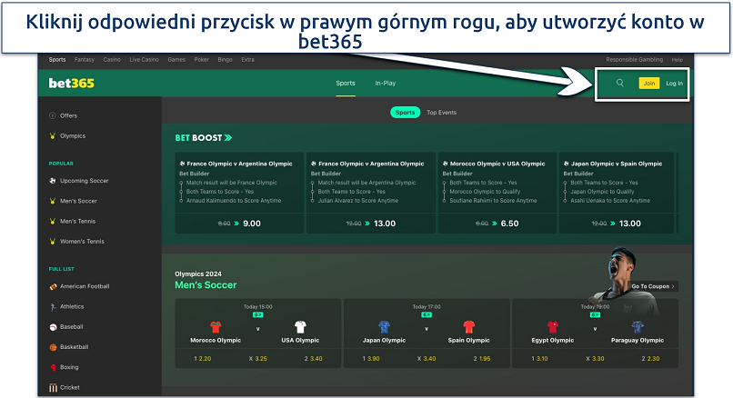 Screenshot of the bet365 platform home page