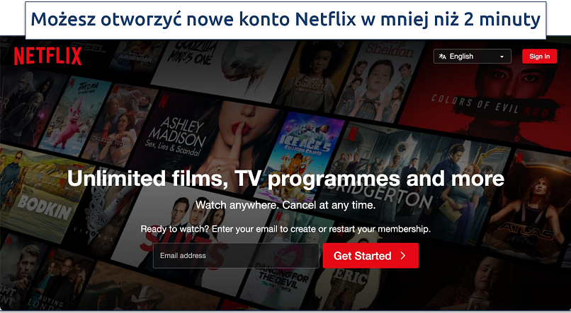 Zrzut ekranu pokazujący, jak zapisać się do Netflix online