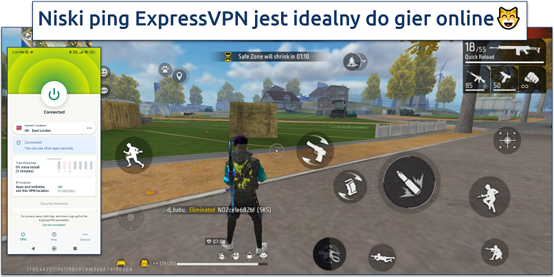 Screenshot of Free Fire gameplay with ExpressVPN connected