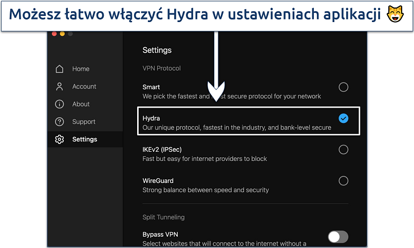 Screenshot showing how to enable Hotspot Shield's Hydra protocol