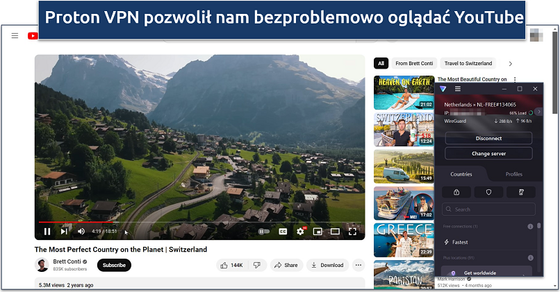 Zrzut ekranu z YouTube podczas korzystania z Proton VPN