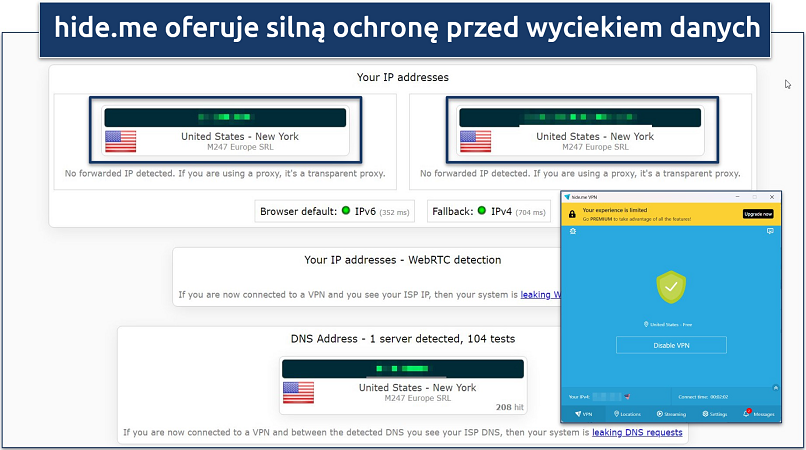 zrzut ekranu testów wycieku hide.me