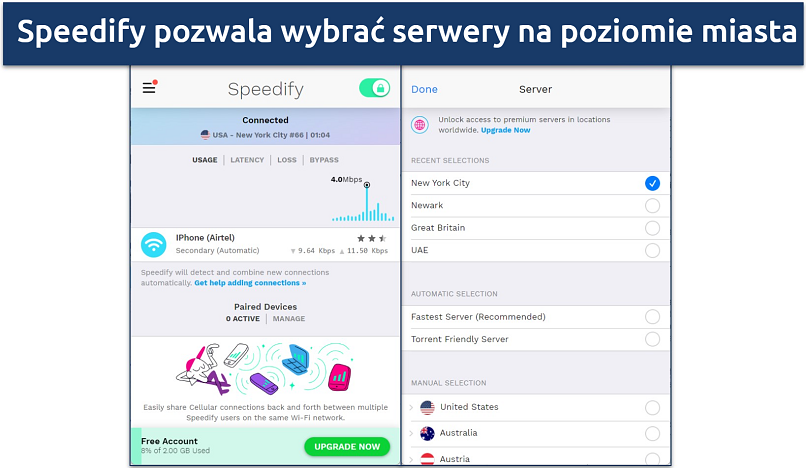 Zrzut ekranu z siecią serwerów Speedify