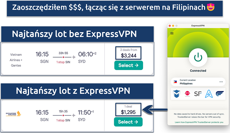 Screenshot showing savings made on a single flight fare with ExpressVPN