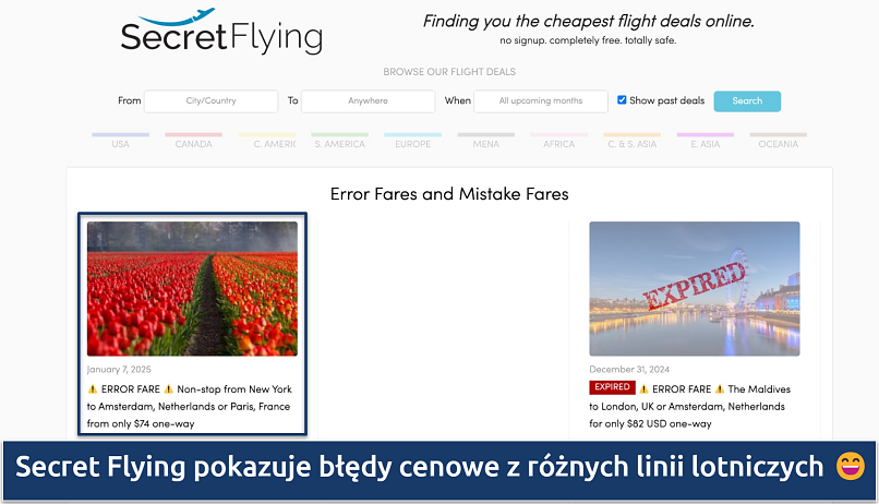 Screenshot showing the Secret Flying homepage