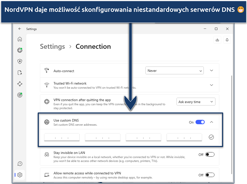 Zrzut ekranu pokazujący, jak zmienić adres serwera DNS w aplikacji NordVPN na Windows