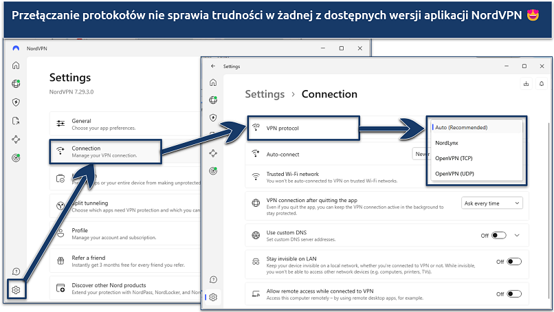 Zrzut ekranu pokazujący, jak przełączać się między różnymi protokołami w aplikacji NordVPN