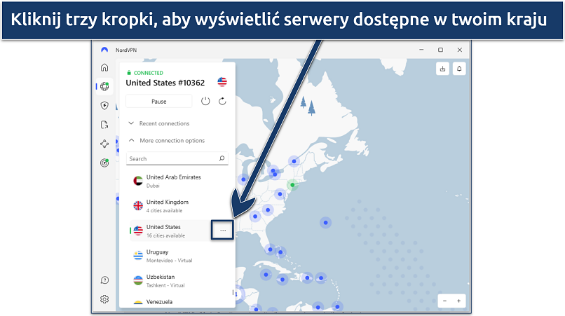 Zrzut ekranu pokazujący, jak znaleźć różne serwery w aplikacji NordVPN