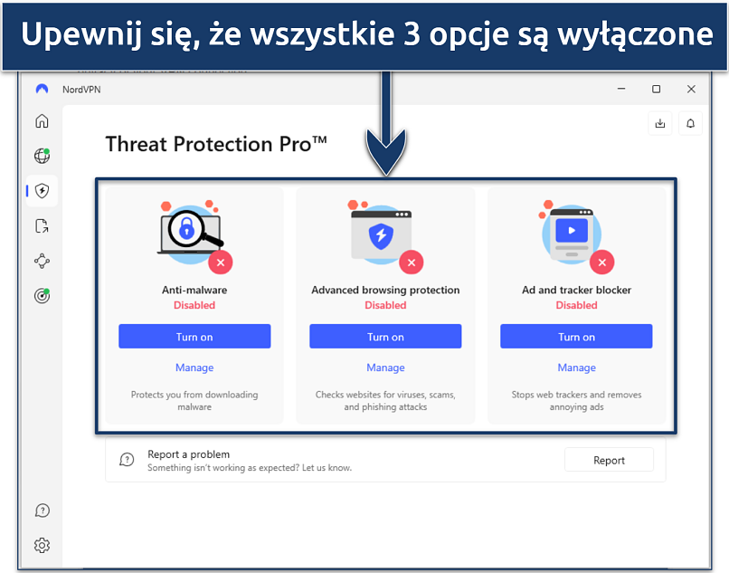 Zrzut ekranu pokazujący, jak wyłączyć funkcję Threat Protection w aplikacji NordVPN na Windows