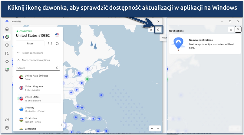 Zrzut ekranu pokazujący, jak sprawdzić aktualizacje w aplikacji NordVPN na Windows