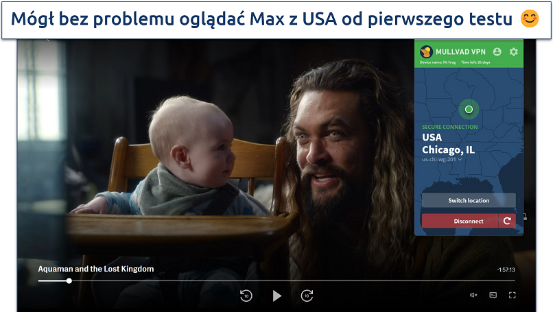 Screenshot of Max player streaming Aquaman and the Lost Kingdom while connected to a Chicago Mullvad server