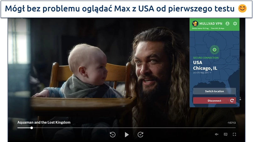 Screenshot of Max player streaming Aquaman and the Lost Kingdom while connected to a Chicago Mullvad server