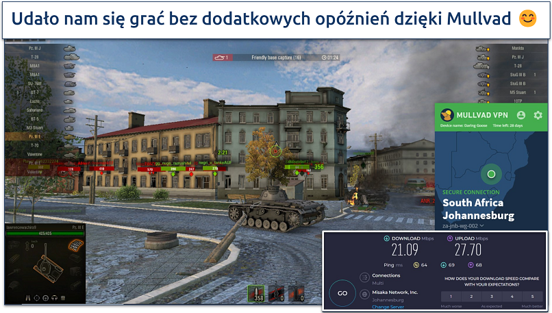 Screenshot of World of Tanks being played while connected to Mullvad's Johannesburg South Africa server