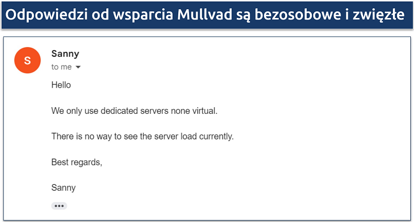 Screenshot of email response from Mullvad support about dedicated servers, virtual servers, and server load percentages 