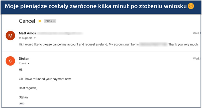 Screenshot of an email from Mullvad's support staff approving my cancellation and refund
