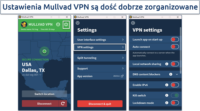 Screenshot of Mullvad's Windows app showing its various settings menus