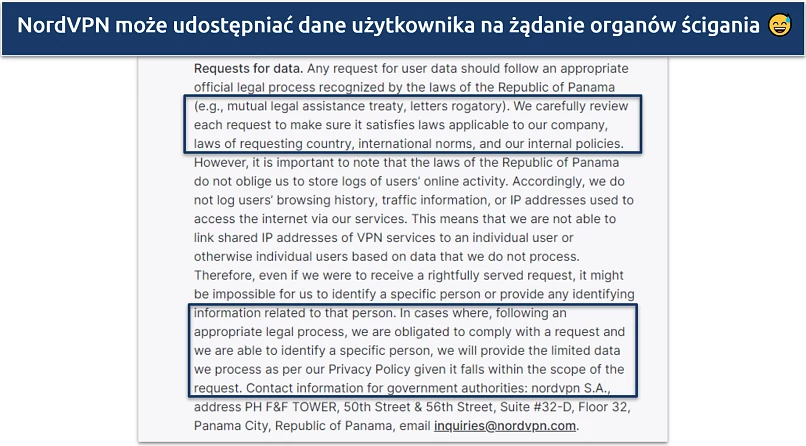 Screenshot of NordVPN's privacy policy showing it may share user data is requested