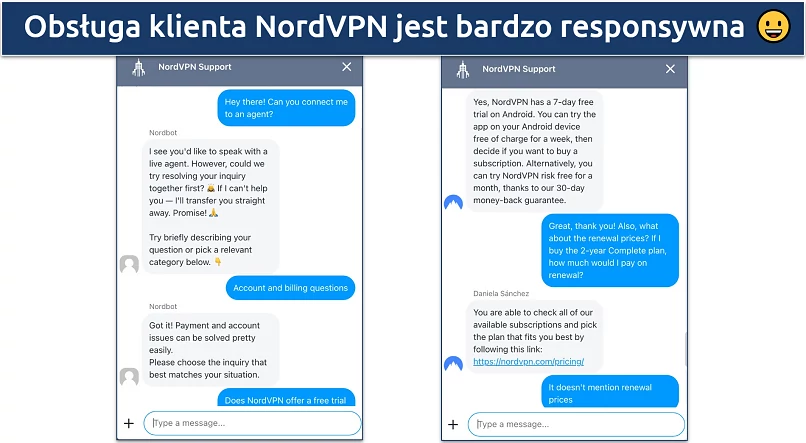 Screenshot of a chat with NordVPN's customer support 