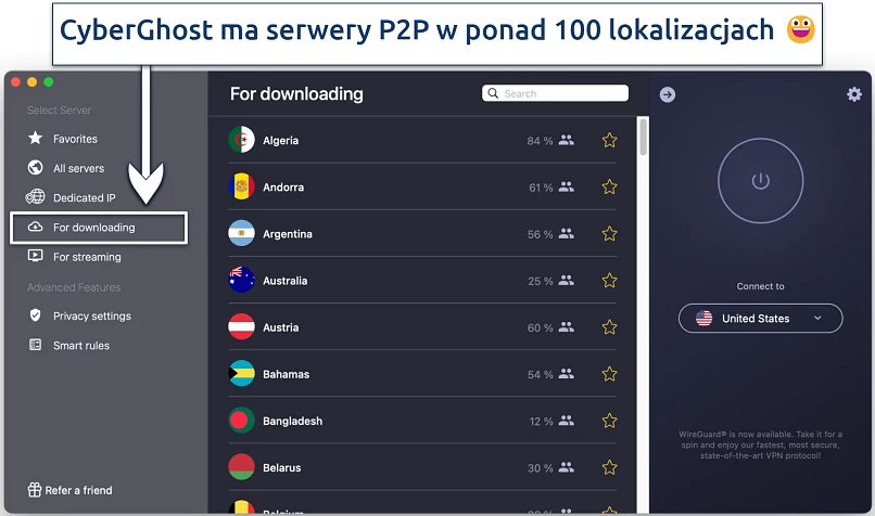 Screenshot showing CyberGhost's specialty P2P For downloading servers