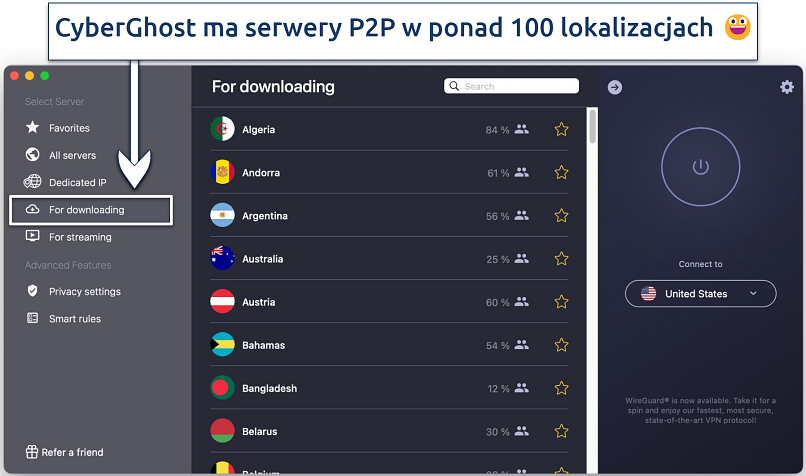 Screenshot showing CyberGhost's specialty P2P For downloading servers