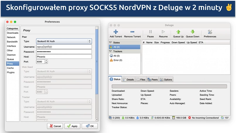 Screenshot showing how to configure NordVPN's SOCKS5 proxy to Deluge