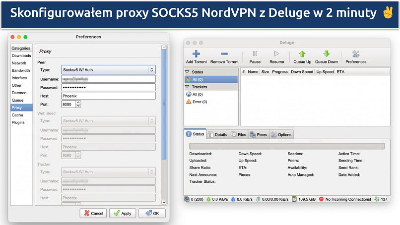 Screenshot showing how to configure NordVPN's SOCKS5 proxy to Deluge