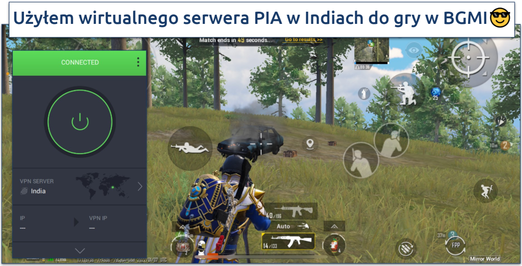 Screenshot of BGMI gameplay with PIA connected