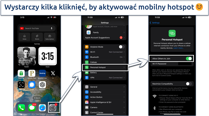 Screenshots showing how to activate a mobile hotspot on an iPhone