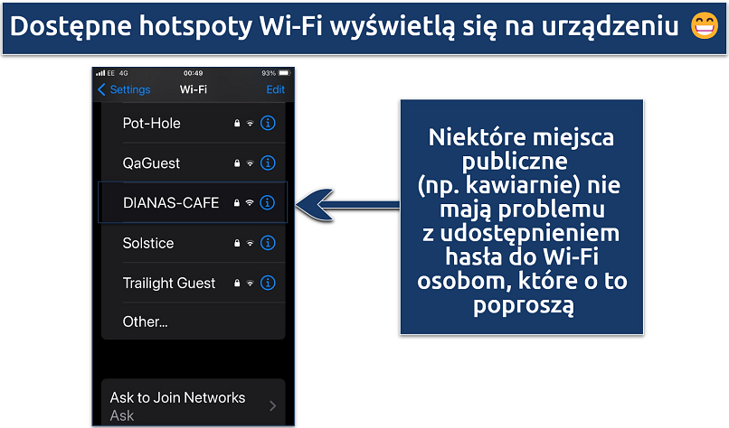 Screenshot showing the available WiFi hotspots on an iPhone