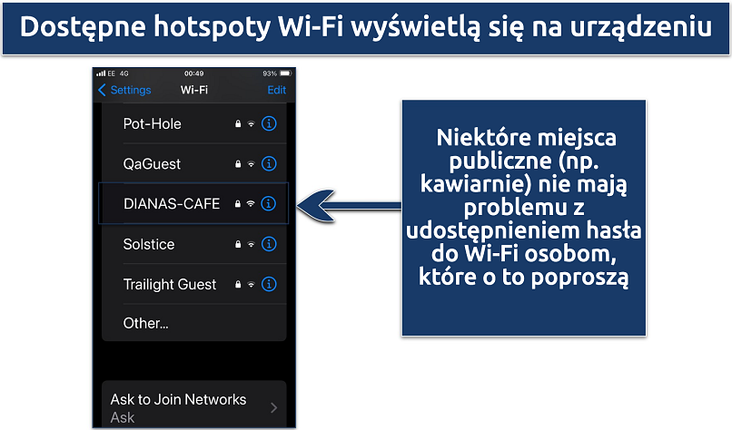 Screenshot showing the available WiFi hotspots on an iPhone