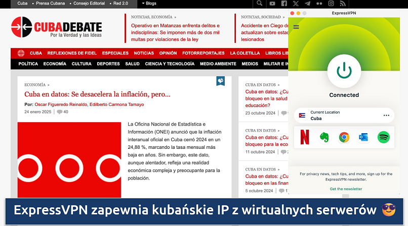 Screenshot of the ExpressVPN app connected to a Cuba server over a Cuban website