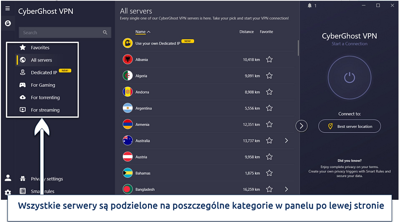 Screenshot of the streaming servers on the CyberGhost app